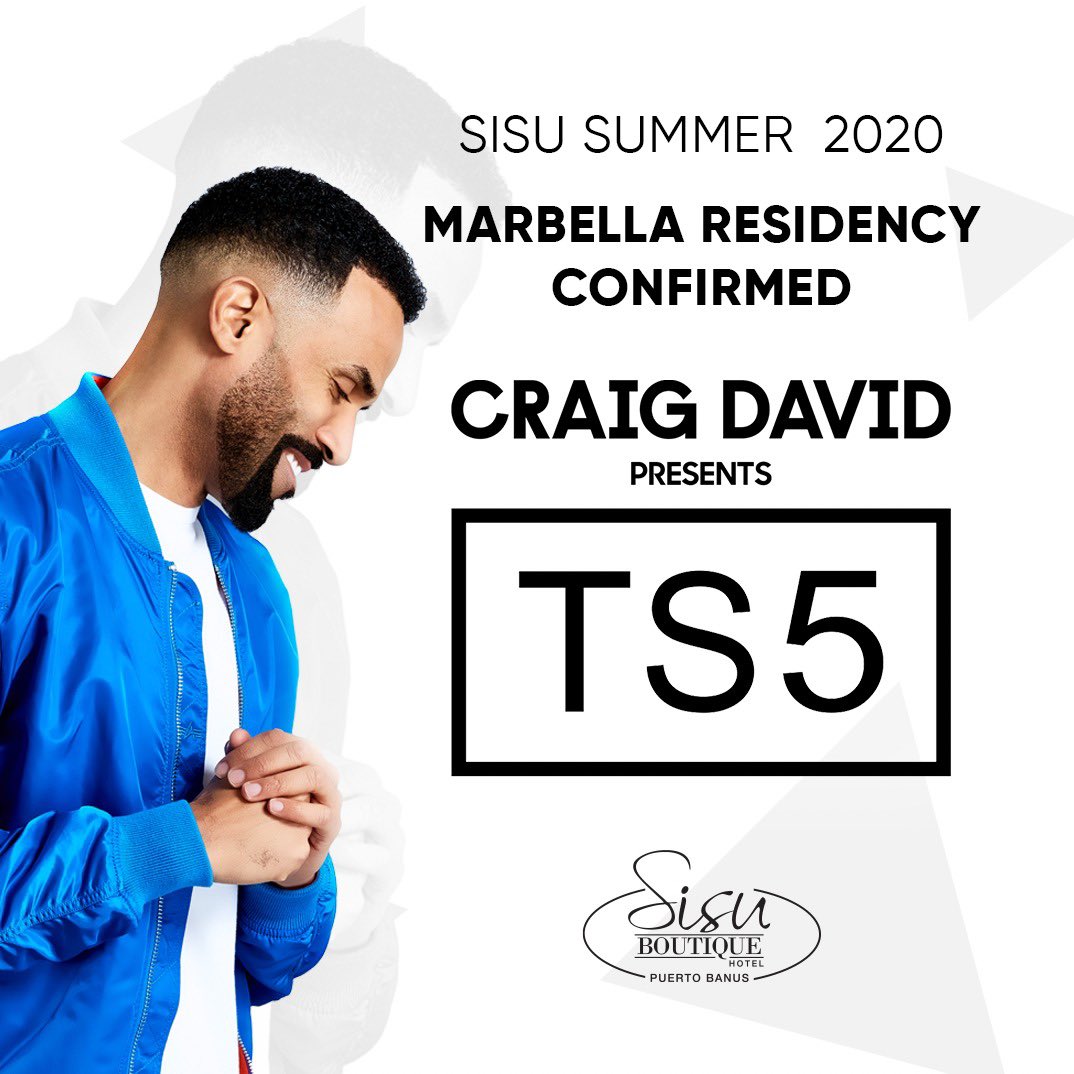 #NEWSFLASH Craig David’s TS5 residency at Sisu Marbella OFFICIALLY CONFIRMED for Summer 2020! After last years amazing shows get set for bigger &amp; better this Summer 🥳🤩✈️☀️ 
#DatesToBeAnnouncedSoon 😏✈️ #PoolParties #TS5 #Marbella #CraigDavid ✈️☀️