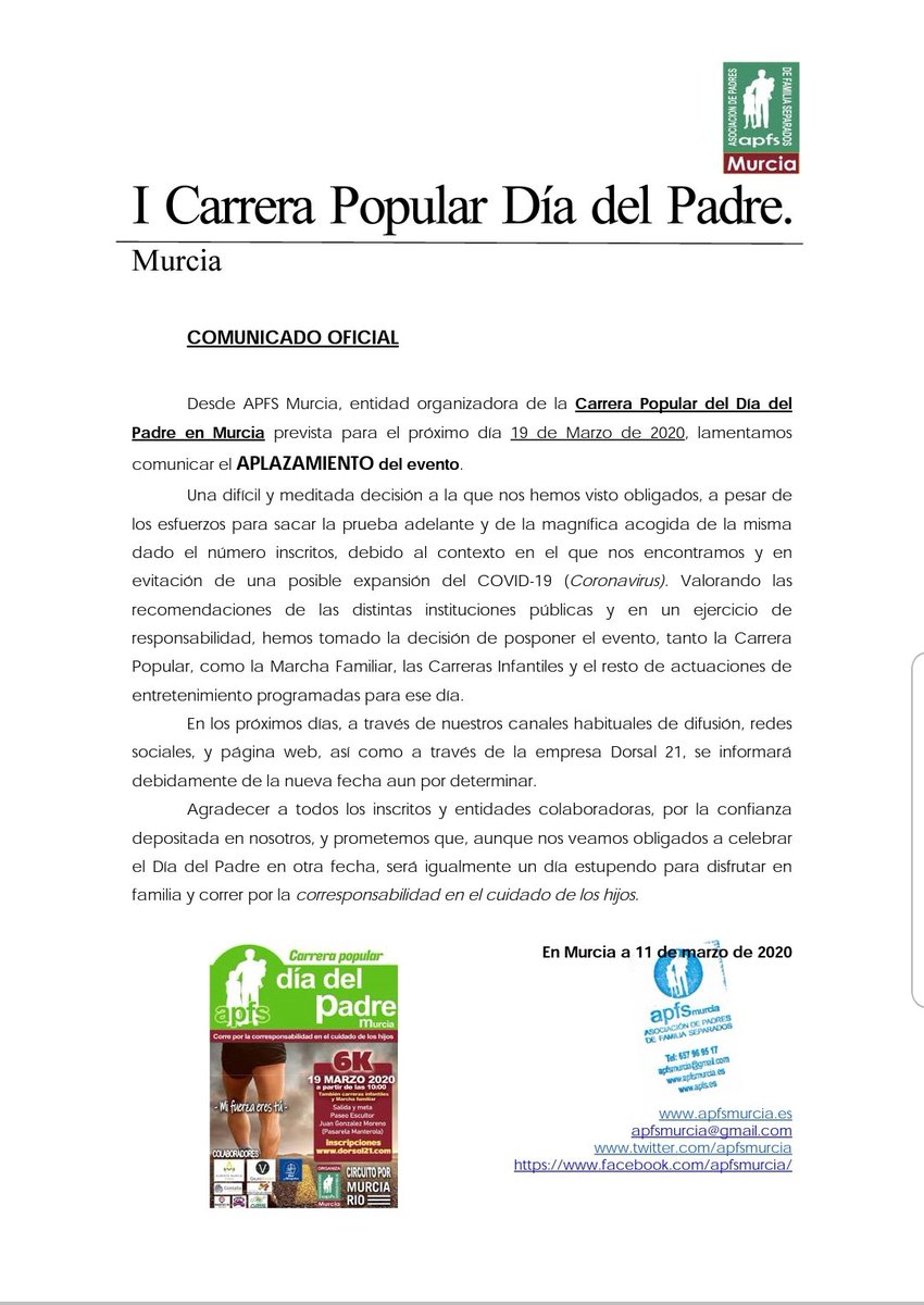APFSmurcia's tweet photo. 🚨APLAZAMIENTO DE LA CARRERA DEL DÍA DEL PADRE🚨 https://t.co/u5sBP3Vfag