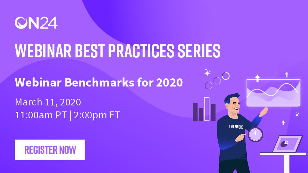 ON24's tweet photo. We're 15 minutes away from releasing our annual webinar benchmarks report. Register now or login here:  https://t.co/ywshiQQSWy https://t.co/vLdTPVcPCj