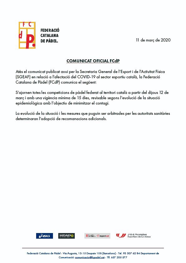 ⚠️ COMUNICAT OFICIAL ⚠️

COMUNICAT OFICIAL SOBRE COVID-19 DE LA FEDERACIÓ CATALANA DE PÀDEL

Veure comunicat en web 
👉 ow.ly/4Tjb30qp3Yn