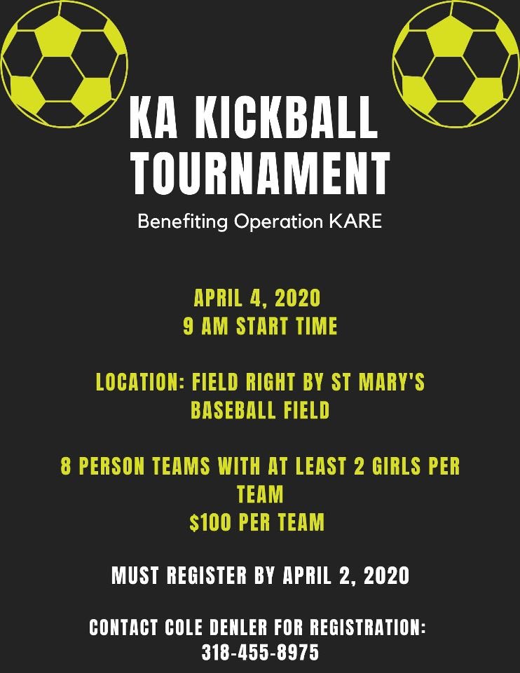 Come out and participate in our 1st annual KA KickBall Tournament! Proceeds will benefit our philanthropy “Operation KARE”