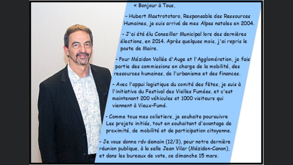 MezidonD's tweet photo. Hubert MASTROTOTARO, candidat #TousMézidonValléedAuge résidant sur la commune déléguée de Vieux-Fumé depuis 2004.
Hubert, Responsable RH, il est notamment à l’initiative du Festival des Vieilles Fumées et souhaite davantage de proximité et développer la mobilité sur notre commune https://t.co/hMd66B1jeH