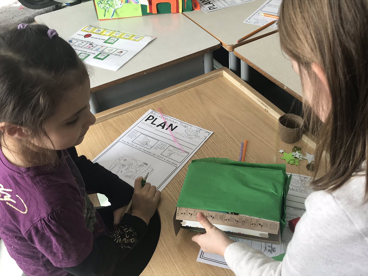 JanusNM's tweet photo. That tricky leprechaun came back. He scribbled on our Morning Work and left us stickers. The only thing left to do is trap him. The design and construction phase is underway. 🍀@AssisiOCSB #FRABeCreative #ocsb @msrobert_teach #OCSBBeCreative https://t.co/4McmQ72Lib