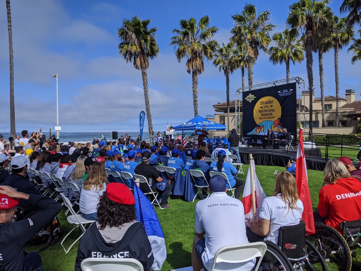 TCBlodgett's tweet photo. It's the 2020 #AmpSurf opening ceremonies! Disabled surfers from around the world compete in La Jolla Shores through the weekend. @CBS8 https://t.co/RwBHSuV9t6