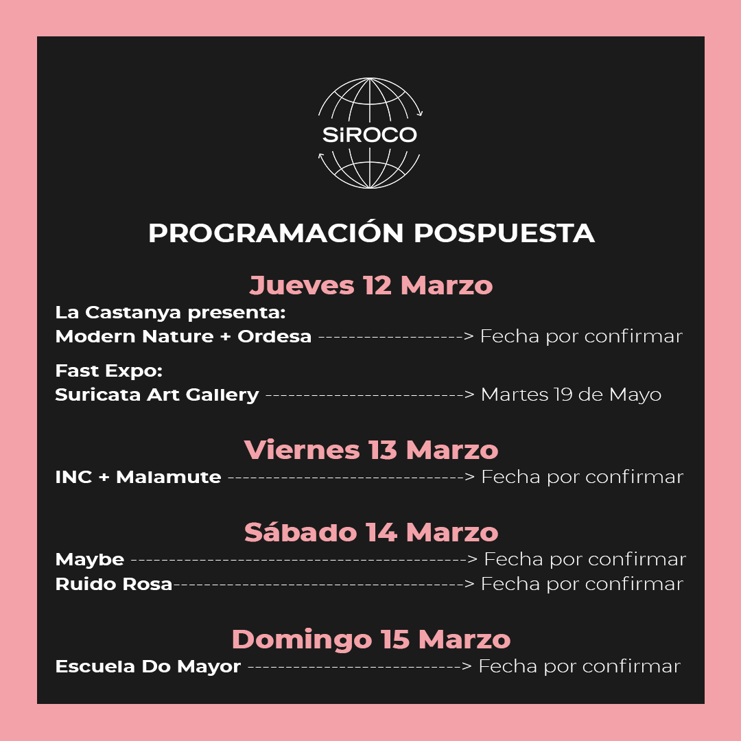 ⚠️ COMUNICADO SIROCO ⚠️ Debido a la situación sanitaria actual, informamos de que nuestra programación de Conciertos y Fast Expos de esta semana, del 12 al 15 de marzo, se pospone y tendrá nuevas fechas por confirmar próximamente.