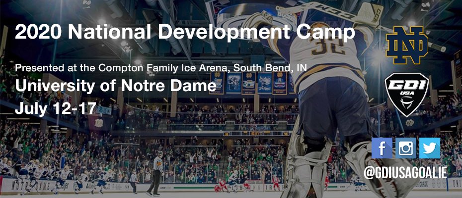 GDIUSAgoalie's tweet photo. Join us at the University of Notre Dame for Exposure & Development! 6 day residence camp featuring 10 elite coaches for dedicated, male, bantam & older goalies. Must be accepted. Features skating, drills, mental, fitness, yoga, vision, video, lessons, apparel, & more. #GDIndc https://t.co/9eYO8172cq