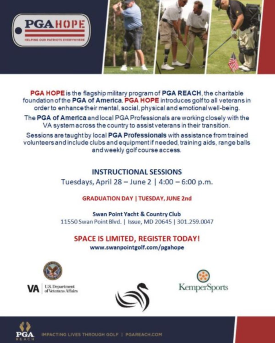 swanpointycc's tweet photo. We are proud to announce that we are now apart of PGA Hope! PGA Hope introduces golf to all veterans in order to enhance their mental, social, physical &amp; emotional well-being. 

Register today at https://t.co/dRIQt9gCwU 

#southernmarylandgolf #pgahopemaryland #swanpoint https://t.co/1vcV7i3f4O