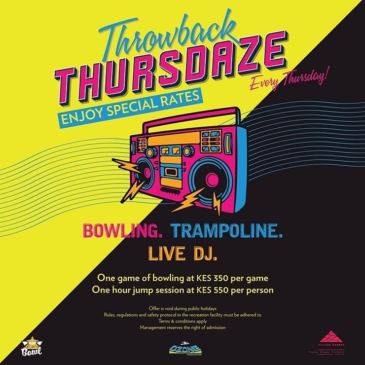 VillageMarket's tweet photo. What do you get when you put Bowling, A Trampoline and a Live DJ together? THROWBACK THURSDAZE!!! Come enjoy special rates at #VillageBowl and #OzoneTrampolinePark! Get one game of bowling at KSh 350 and one hour jump session at Ksh550. T's & C's apply #vmrecreation #funatvillage https://t.co/pStxST6ENg