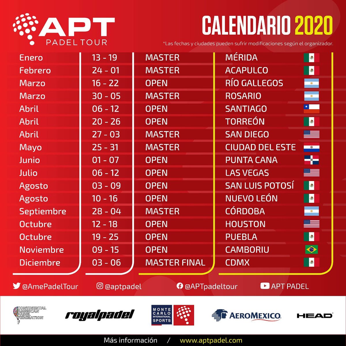 Calendario actualizado del @AmePadelTour 2020. Se suman los torneos de Houston, Las Vegas y Ciudad del Este 🇺🇸🎾🇵🇾🏆
#guiamundialdepadel