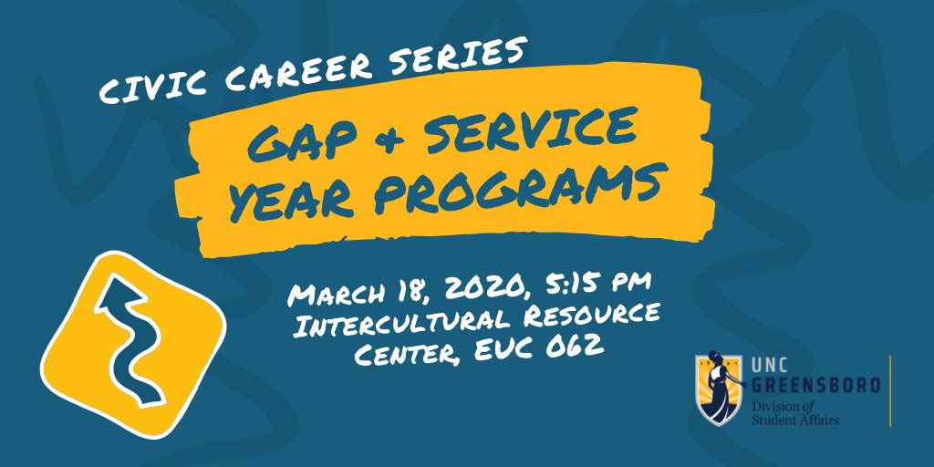 UNCG_OLCE's tweet photo. Thinking about what happens after graduation? Join us for our #CivicCareerSeries and learn about gap &amp; service year programs! RSVP on Handshake: https://t.co/0iEaTagGQq @UNCGCareer @UNCG_OIE https://t.co/4SCpQE4a6K