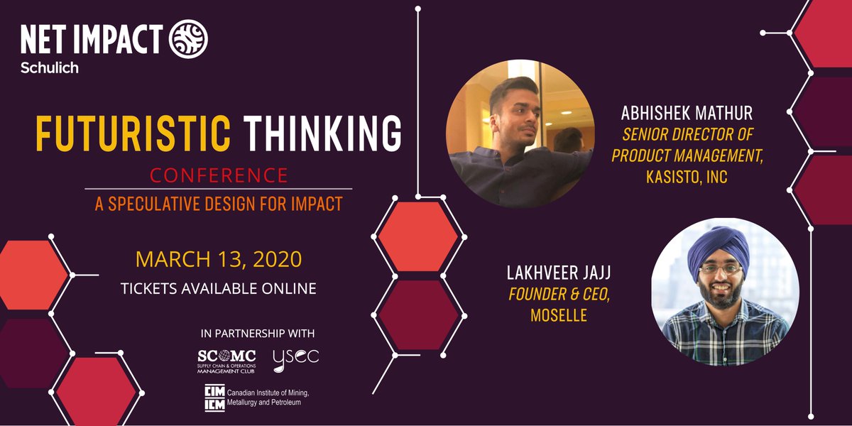 Introducing our Panelists Abhishek Mathur, Senior Director of Product Management, Kasisto, Inc. and Lakhveer Jajj, Founder and CEO, Moselle ! 
Register at bit.ly/2Vg6UFC for the Net Impact Schulich Futuristic Thinking Conference for a day of learning and networking!