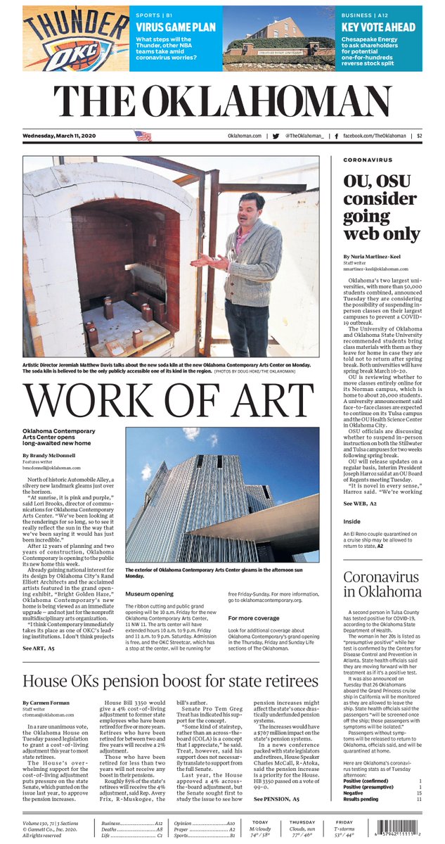 BAMOK's tweet photo. It's one of my #favorites again! Check out #art on the #frontpage of @TheOklahoman_ today, with the first of multiple stories on the opening of @OKContemporary's new $30 million home on @AutoAlleyOKC! #checkitout #pickitup #arthistory #saveyourpaper https://t.co/yCPB0yc3aE