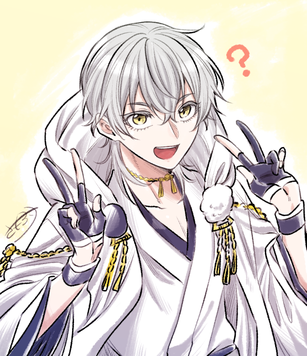 鶴丸国永(刀剣乱舞) 「これは描きだしたもののいい感じのポーズが思いつかずとりあえずダブピを決めさせられ」|さもすけ（中身）のイラスト