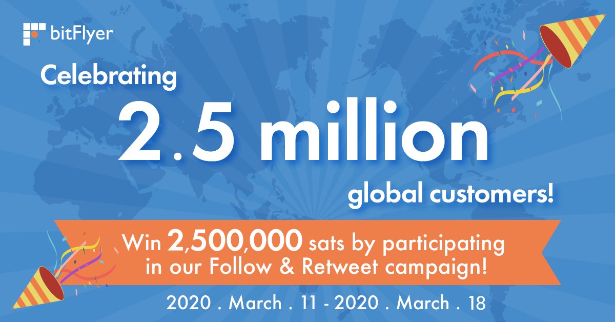 🎉New achievement unlocked: the bitFlyer Group reached 2.5 million global users 🎉

To celebrate, we're giving 2,500,000 sats to 1 lucky winner!

To participate:
1⃣Follow <a href="/bitFlyerUSA/">bitFlyer USA</a>👊
2⃣Retweet this post 💪

Winner will be contacted on Mar 19

Let's continue building! #Bitcoin