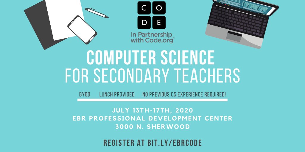 Mark your calendars! <a href="/codeorg/">Code.org</a> will be providing Computer Science PD for Middle and High School teachers July 13th-17th! This is open to teachers from all districts! Go to bit.ly/ebrcode and apply TODAY! <a href="/EdtechEbr/">EBR Instructional Technology Team</a> <a href="/pd_ebr/">EBR Curriculum & PD</a> <a href="/EBRSchools/">Parody EBRSchools</a> <a href="/LavergneNikki/">Nikki Lavergne</a> <a href="/lacueorg/">LACUE</a> <a href="/karla_kiper/">Karla Kiper, CETL</a>