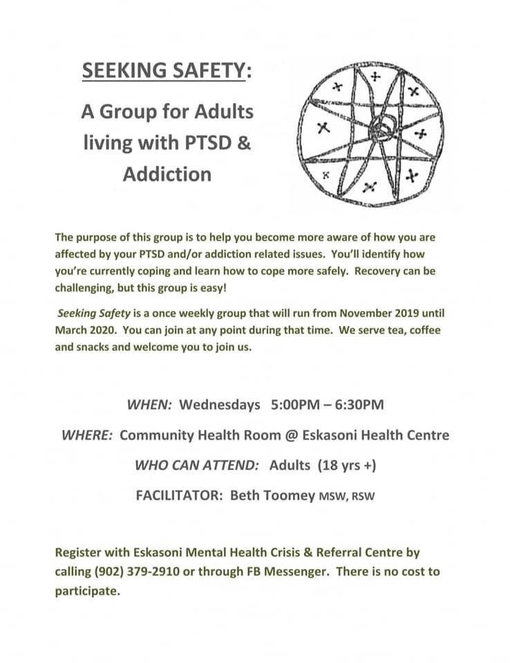 EskMentalHealth's tweet photo. Reminder: Seeking Safety is tonight (March 11th, 2020) starting at 5pm to 6:30pm. (Please Retweet) https://t.co/VMF493XQmn