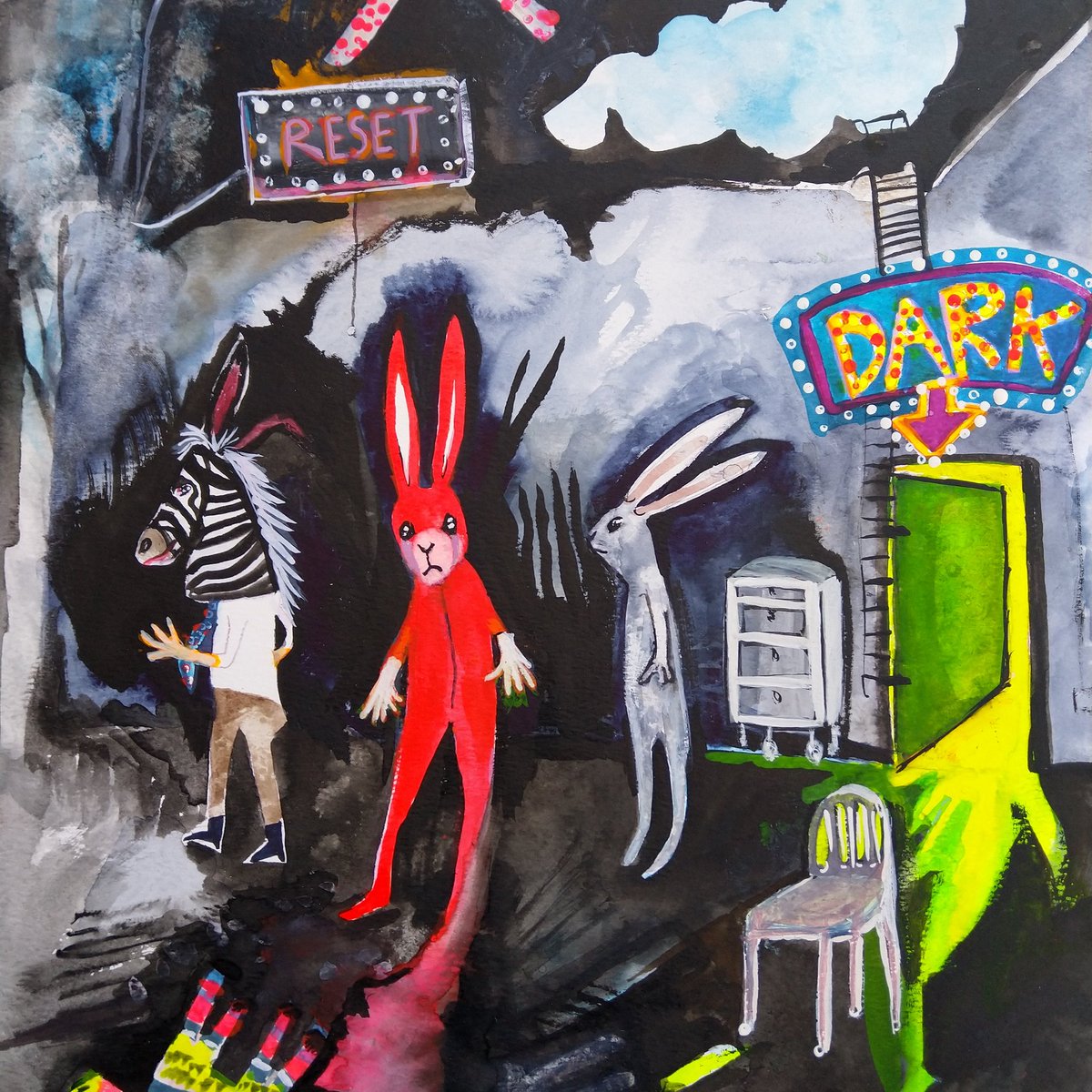 ArtspaceLboro's tweet photo. The ArtSpace Loughborough exhibition opens this Friday and runs until May at the wonderful venue that is Deda in Derby. Come and see what 'In the dark' means for all the artists taking part. #deda #derby #artexhibition #inthedark. This painting is 'Dark times' by Helen Sutherland https://t.co/jq4Nq5tNSf