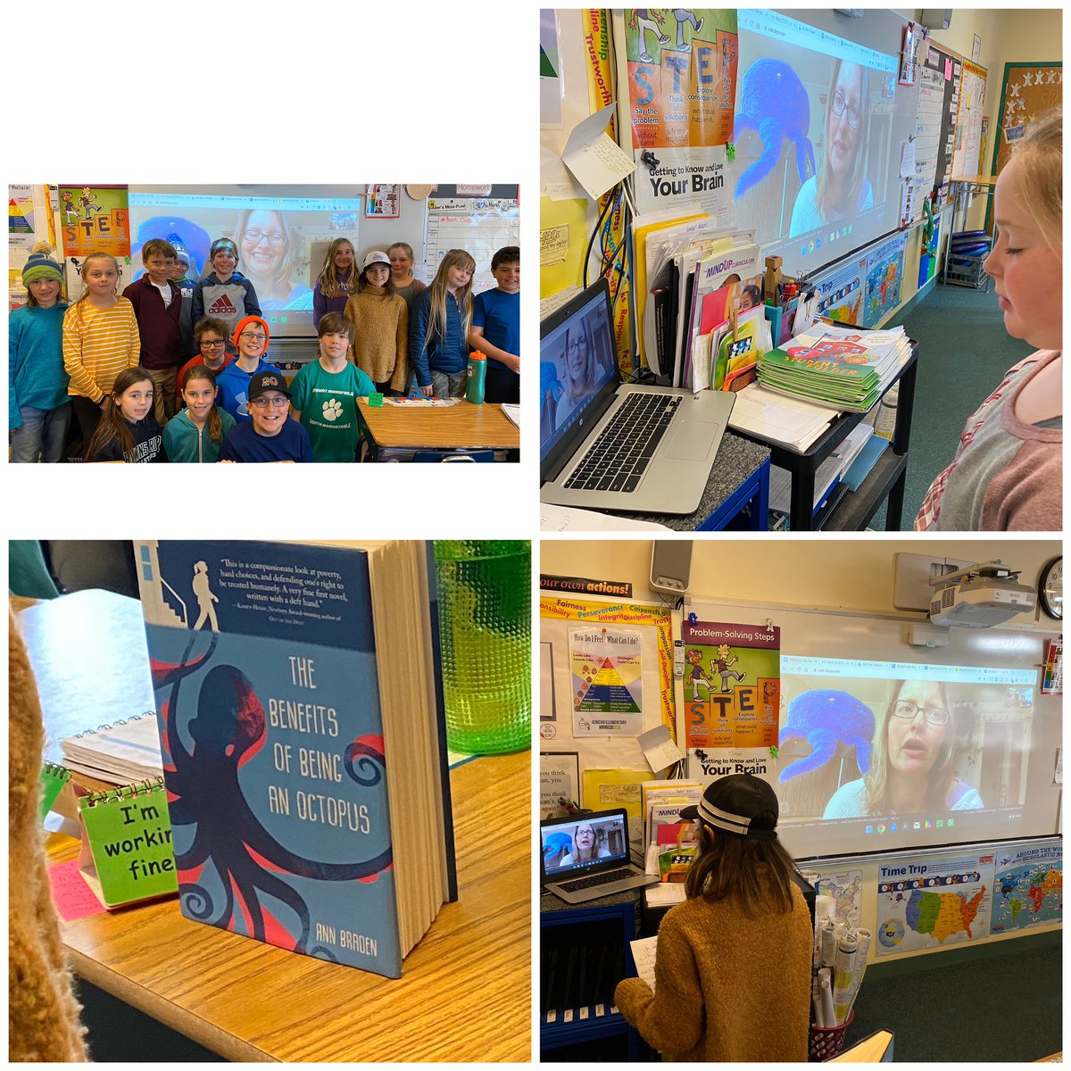 teachvt's tweet photo. Thank you @annbradenbooks for today’s @SkypeClassroom We learned so much about your #craftmoves #writing #everyonehasavoice #octopus #readers #readaloud #authors #socialissues #writeyourheartout #jesvt #mmuusd https://t.co/v4Dl9FYQcU