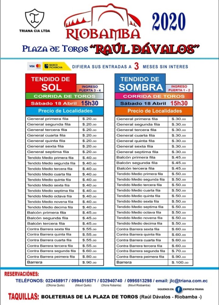 SerTaurinoEc's tweet photo. Lista oficial de precios de la localidades para la corrida de toros en la Raúl Dávalos este 18 de abril.
#SerTaurino 
#RiobambaCapitalTaurina 
#SiALosNiñosEnLosToros https://t.co/h8hANrgHQp