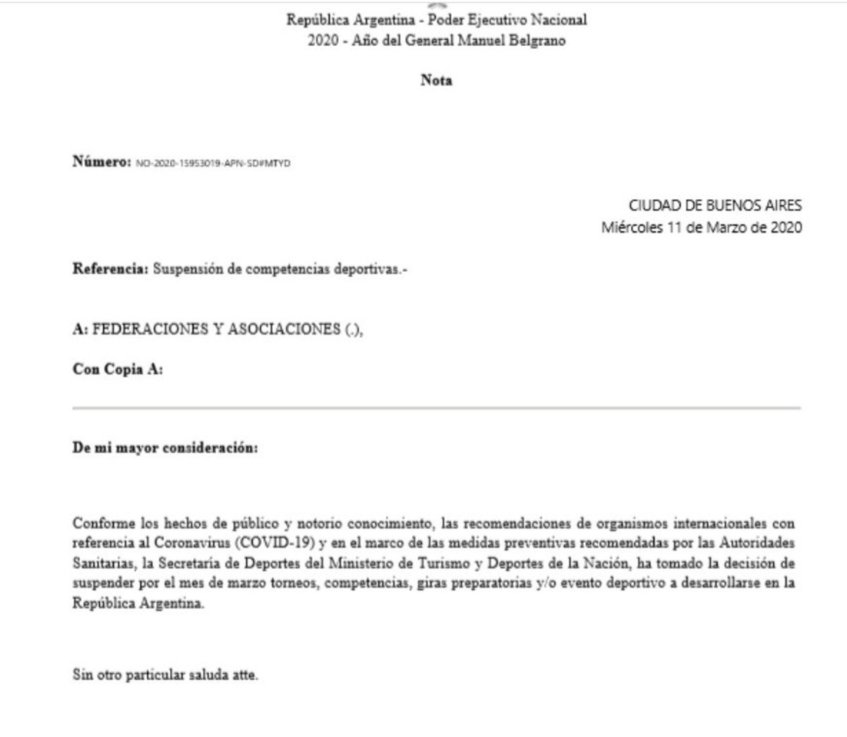 El Ministerio de Deportes y Turismo anunció este mediodía la suspensión de toda actividad deportiva con participación internacional en el mes de marzo por el brote mundial del coronavirus. #INFOTVDEPORTEA #INFOTVTEA

ole.com.ar/informacion-ge…