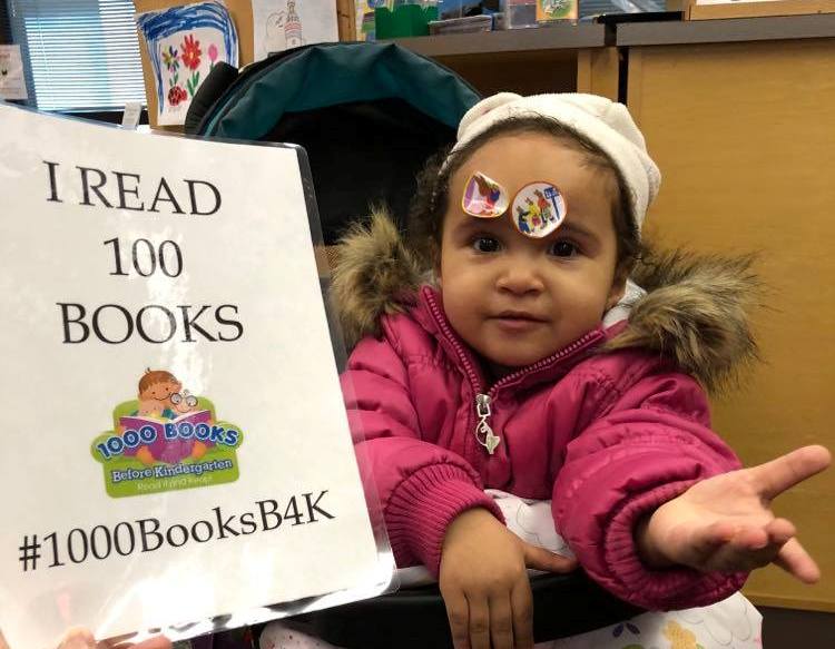 AtlanticCityLib's tweet photo. Congratulations to Bella! She has read 100 books on her way to reading 1000 Books Before Kindergarten! She received a free book for reaching the milestone, but we think she might be more excited about the stickers! Way to go! #1000BooksB4K #stickersrock https://t.co/1kdo56hhTX