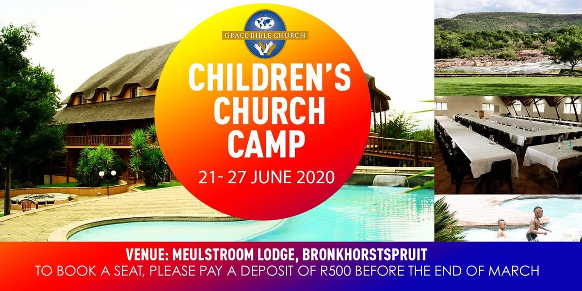 The long awaited Childrens Church camp is finally here. 

Don’t make your child miss out on this fun, amazing and Spirit filled camp. The camp will be held at Meulstroom lodge between 21-27 June 2020.
Deposit is R500 payable before the end of March. 

#CCC2020