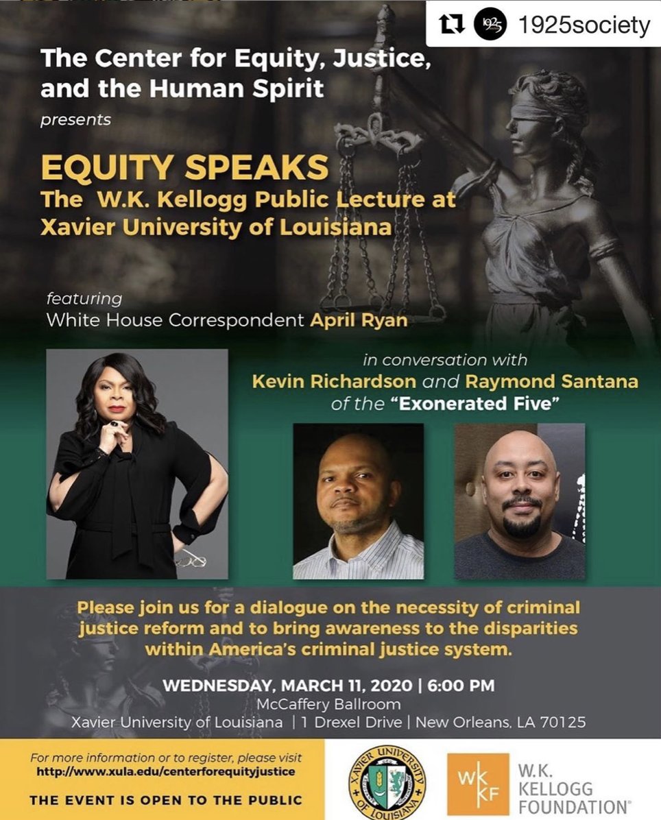XulaCounselorEd's tweet photo. 🚨🚨 Please join The Center for Equity, Justice, and the Human Spirit tomorrow at 6PM in the UC ballroom for a powerful discussion on the importance of criminal justice reform. 
#xula #hbcu #1925society #criminaljusticereform #exonerated5 https://t.co/WDWlJLMMF7