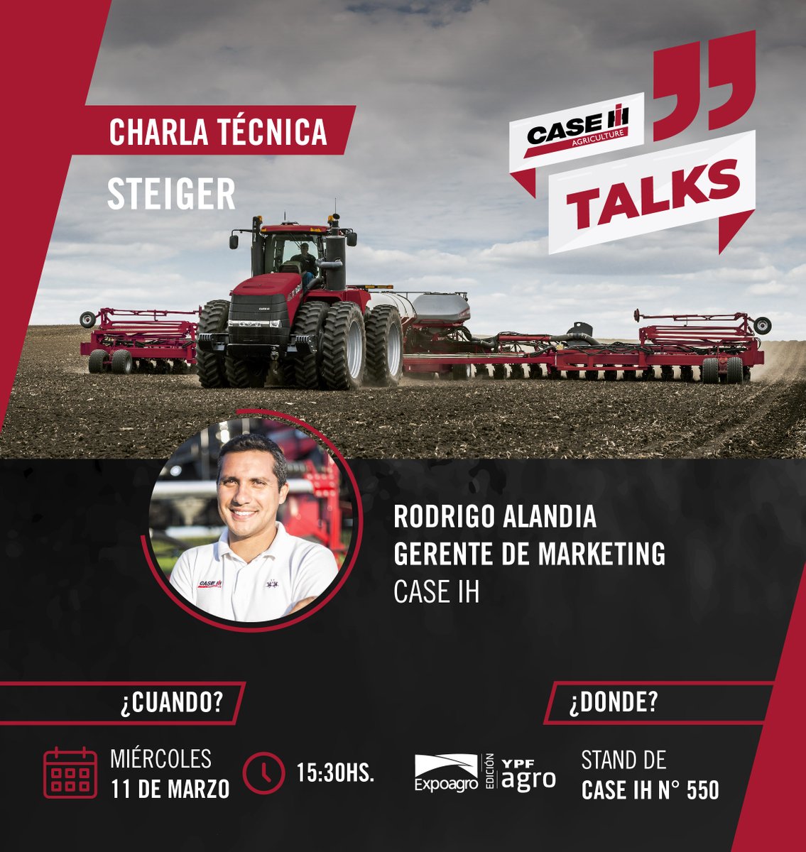 CaseIHArg's tweet photo. ¿Conocés nuestra línea de tractores Steiger? En @Expoagrocom tenés la posibilidad de informarte sobre todos los detalles técnicos de este tractor de alta potencia. ¡Te esperamos, hoy y mañana a las 15:30! ¡No te preocupes por la lluvia, nuestro stand es techado! #CaseIHTalks https://t.co/jXOi7q5wBH