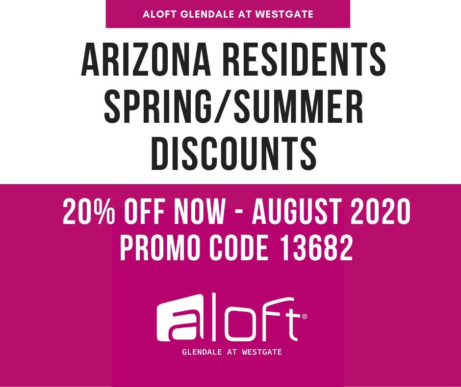 AloftWestgate's tweet photo. Hey #Arizona Residents! We're excited to announce our spring and summer promotion for locals only! #Booknow for a stay tonight through the end of August using promo code 13682, and you'll get 20% off of regular rates. Visit https://t.co/rBseLFni9j for details!
#AZResidents #AZ https://t.co/mrURsxoD3d