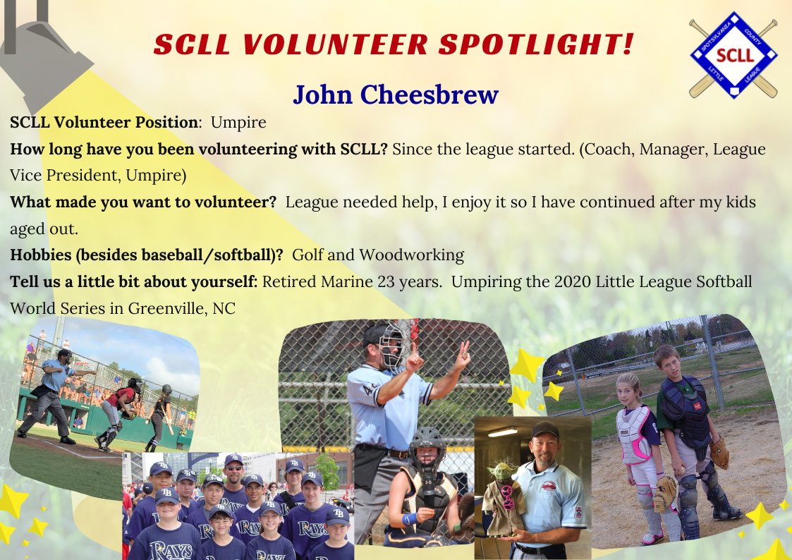 VASCLL's tweet photo. ⭐️ ⭐️ 𝐒𝐂𝐋𝐋 𝐕𝐨𝐥𝐮𝐧𝐭𝐞𝐞𝐫 𝐒𝐩𝐨𝐭𝐥𝐢𝐠𝐡𝐭⭐️⭐️⁣
⁣
Today’s Umpire Spotlight is JOHN CHEESBREW! ⁣
⁣
Umpire training is this Sunday, 3/15 2 pm @ Loriella⁣
⁣
#ThankYouBlue #SCLL2020 #LittleLeague #SCLLVolunteerSpotlight2020⁣
⁣
⁣ https://t.co/kpuIyAeRoM https://t.co/Y0hvtM2A1S