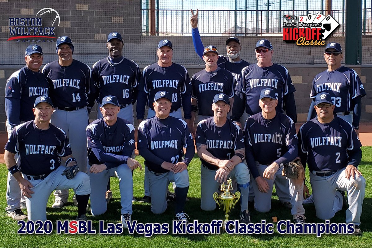 The Boston Wolfpack won the 2020 MSBL Las Vegas Kickoff Classic 55+ tournament over the Diamond Dream Mustangs 14-1.  This was the Pack's 60th MSBL tournaments and 12 Kickoff Classic in their 20 year history, 2001-2020.🐺⚾️🏆#mensbaseball #adultbaseball #msbl