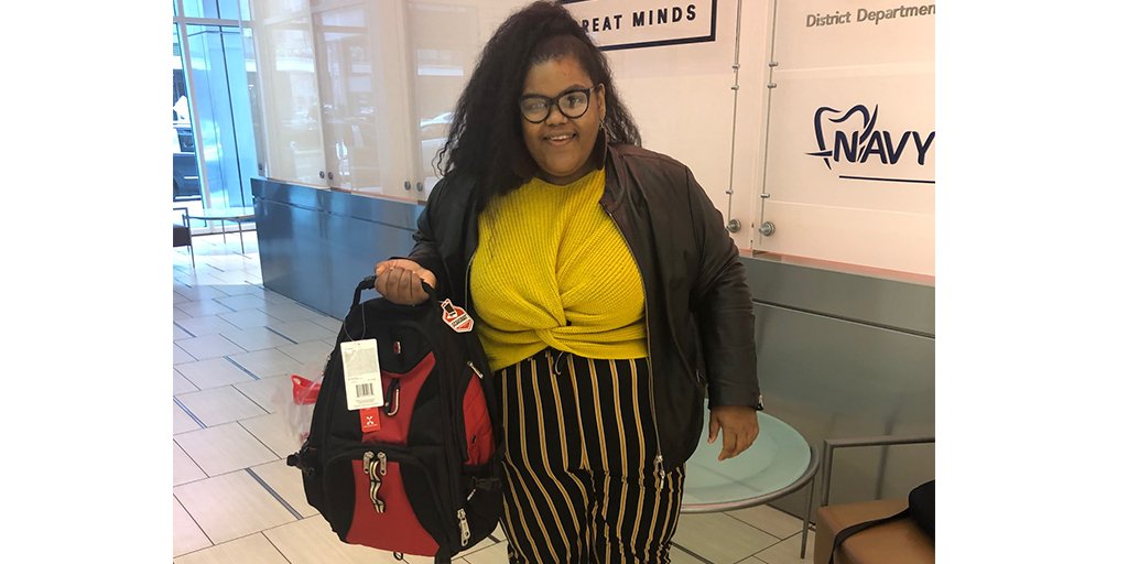 goDCgo's tweet photo. Congratulations to Brittany Burgess from Community Connections DC @CCDC1ofakind. As the winner of the goDCgo telework week pledge giveaway, she received a loaded backpack filled with prizes. Additionally, thank you to everyone who took our pledge & participated in #TeleworkWeekDC https://t.co/vsG89QqPaP