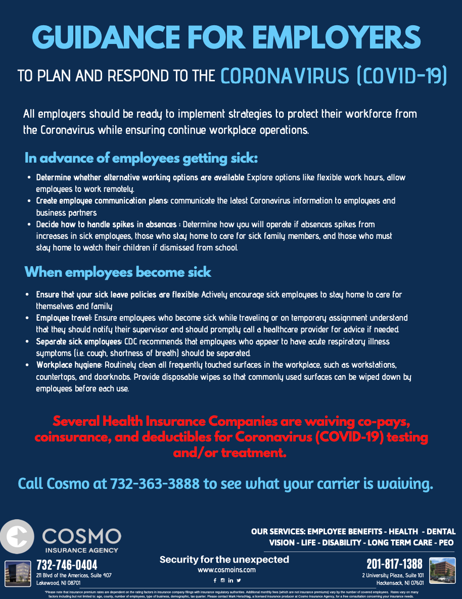 CosmoInsNJ's tweet photo. There are several insurance carriers that are waiving testing for the coronavirus (COVID-19). Call us at 732-363-3888 to see what your carrier is waiving. 
#healthinsurance #employeebenefits #coronavirus #broker #nj https://t.co/hPwK6EBuZt