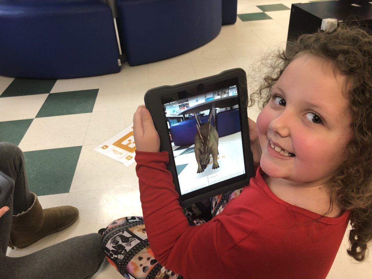 Mrs_Abels's tweet photo. 🦖Dinosaurs visited kindergarten room 108 @wmpennelem today through augmented reality! Look at those SHARP teeth, SPIKED backs, BIG claws! #usingadjectives Thanks for all the help @MrHartnett212! 🦕 https://t.co/bdHDd4CDtj