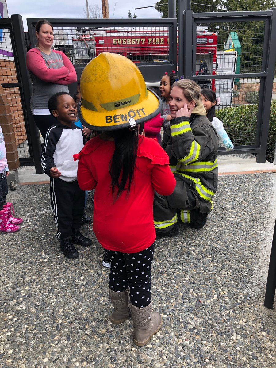 EverettFire's tweet photo. Cuteness Alert! FF Benoit and crew had a great time visiting these young #CleverSprouts while responding to a fire alarm at @ChildStrive. 

#YourEFD #WereHereForYou #Everett #Community
#Tradition #Professionalism #Trust #Respect #Integrity https://t.co/RjifLCudJ0
