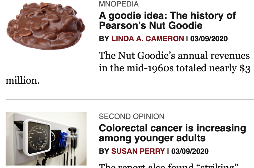 BadBruce's tweet photo. This is a really unfortunate visual juxtaposition of articles in #Minnpost today. Not to say it doesn't happen in print. https://t.co/V8ZPAHDkzY