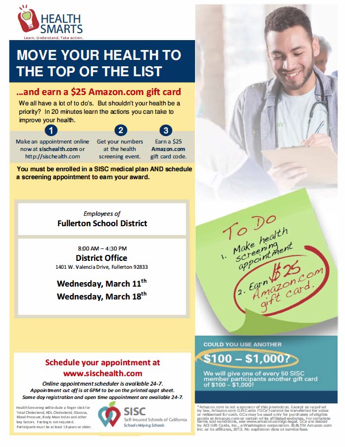 BenefitsFsd's tweet photo. Employee's &amp; dependents enrolled in a SISC medical plan are eligible to participate in Health Screenings &amp; get a $25 Amazon gift card Plus for every 50 participants $100-$1,000 gift cards will be awarded randomly to be eligible please make an appointment https://t.co/jQt16PVVUK https://t.co/vLN8sSN7Yc