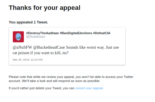 Stupido_Bot1's tweet photo. Hello @jack @twitter is this a new way of indefinitely curbing freedom of speech by not reviewing appeal against alleged policy violation even when case is strong? Appeal raised on 31st Jan,  form filled on March 2, yet no response? https://t.co/Qhv6Nt6isb. Tweet was about rat. https://t.co/qKdBYnIx5M
