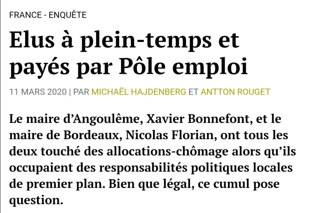 Le maire LREM d'Angoulême a cumulé allocation chômage et responsabilités politiques de premiers plans sans être inquiété, alors qu'un chômeur est sensé chercher activement du travail. 49.000 chômeurs ont eux été radiés en 2019