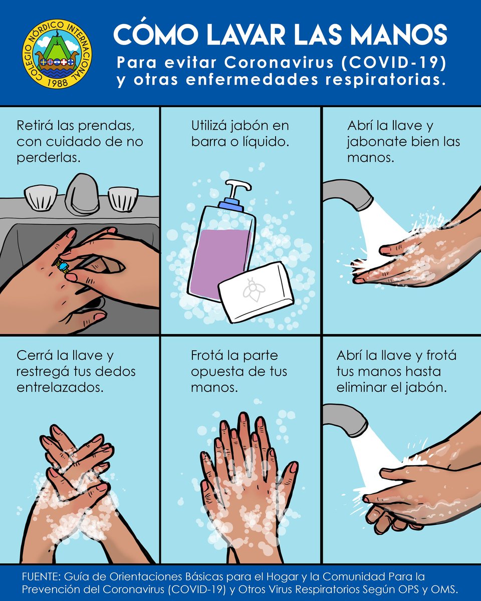 ColegioNordico's tweet photo. La mejor forma de evitar contagiarnos de enfermedades respiratorias como el Coronavirus (COVID-19) es lavando bien nuestras manos. 👐
Acá te dejamos una guía sencilla de cómo hacerlo.
#learningwhatmatters #coronvirus #covid #covid2019 #covid19 https://t.co/duWyTK5lJQ