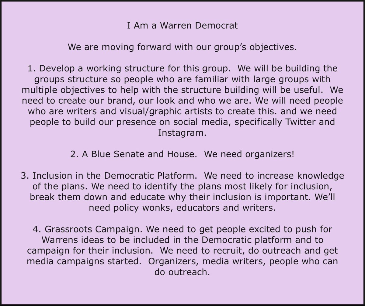 Rock4W's tweet photo. We are building a group called “I Am a Warren Democrat” group is looking for people who want to promote Elizabeth Warren’s groundbreaking campaign values and plans. Anyone interested in working on the objectives below is encouraged to join. There are 3 entry questions. https://t.co/voGr0Z7uvs