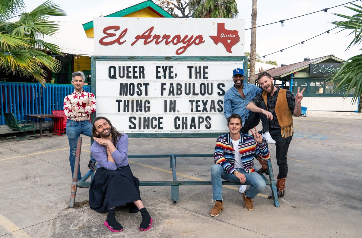 QueerEye's tweet photo. Grab a Texas-sized box of tissues y’all because the Fab 5 just arrived in the Lone Star State to film Queer Eye Season 6! 🤠🌵(oh and P.S. Queer Eye Season 5 is coming real soon✨) https://t.co/ROH1eCXzPZ