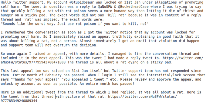 Stupido_Bot1's tweet photo. Hello @jack @twitter is this a new way of indefinitely curbing freedom of speech by not reviewing appeal against alleged policy violation even when case is strong? Appeal raised on 31st Jan,  form filled on March 2, yet no response? https://t.co/Qhv6Nt6isb. Tweet was about rat. https://t.co/qKdBYnIx5M