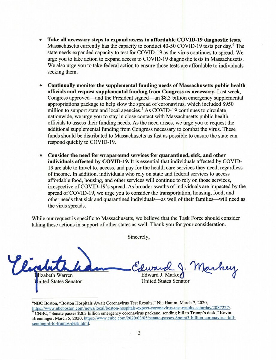SenMarkey's tweet photo. The White House Coronavirus Task Force must be fully supportive of Massachusetts’s on-the-ground response. I’m joining the entire Mass. delegation in urging VP Pence to take swift, specific action to support state, local, and tribal governments as they combat #COVID19. https://t.co/uAk9auRRFr
