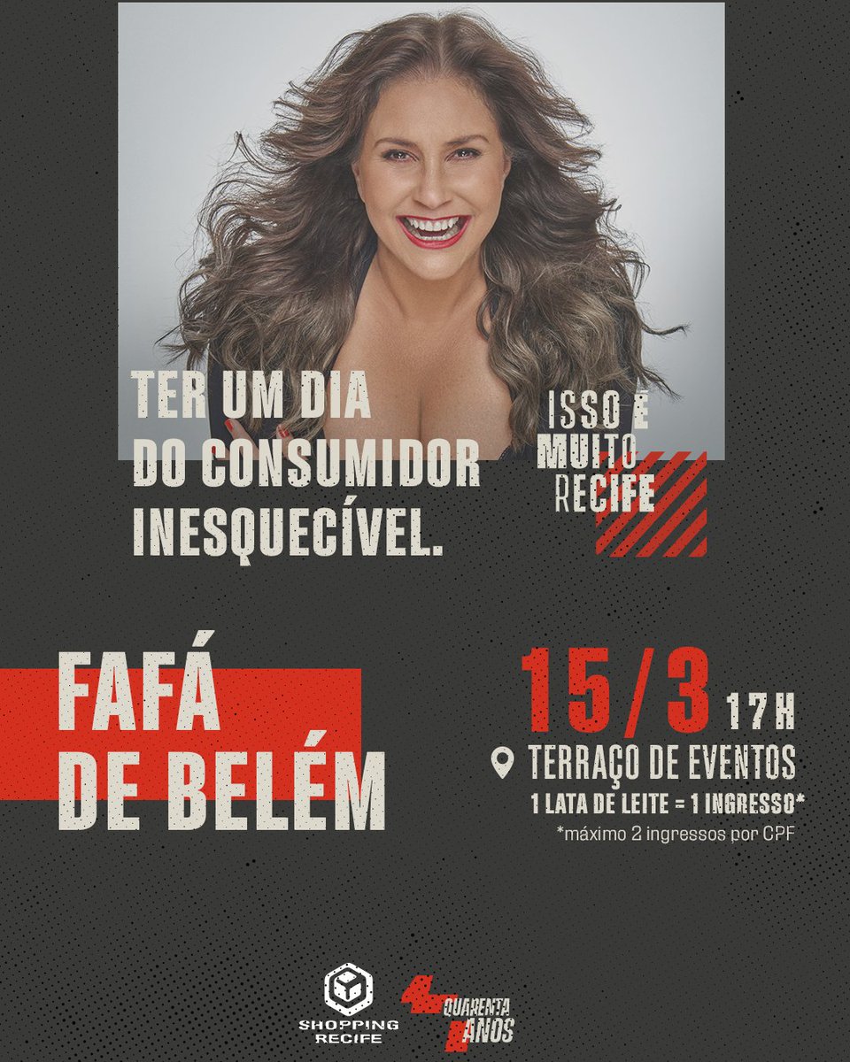 Seu dia está chegando, consumidor! 💖

Para marcar o Dia do Consumidor do Shopping Recife, preparamos um show emocionante por aqui! Fafá de Belém trará sua voz e suas músicas históricas para comemoramos a data em grande estilo. Quem vem? 🙋‍♂️🙋‍♀️

#IssoÉMuitoRecife #40anosSR