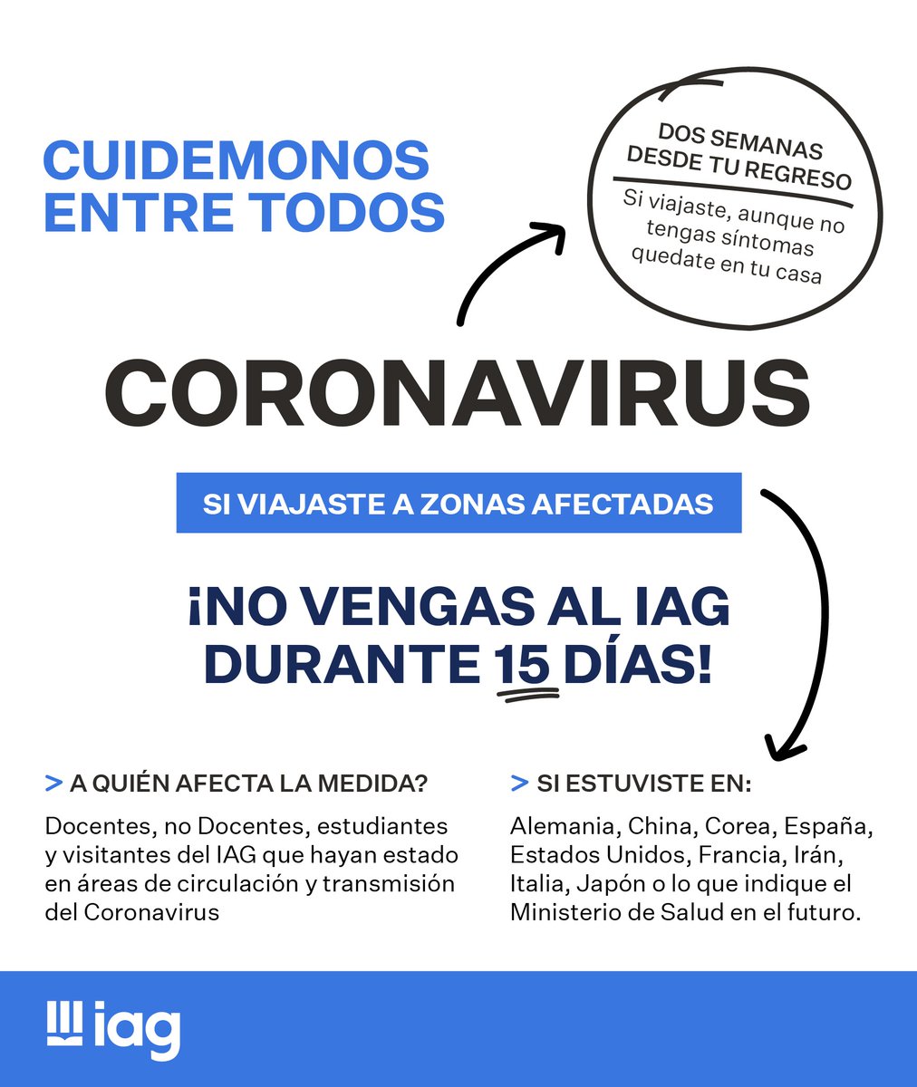 #InfoIAG En referencia al brote de la infección por coronavirus y a fin de preservar el bienestar y la salud de la Comunidad del IAG manteniendo las recomendaciones de la OMS y las emanadas por las autoridades gubernamentales de nuestro país...Lee  Info> bit.ly/2vf2R1R