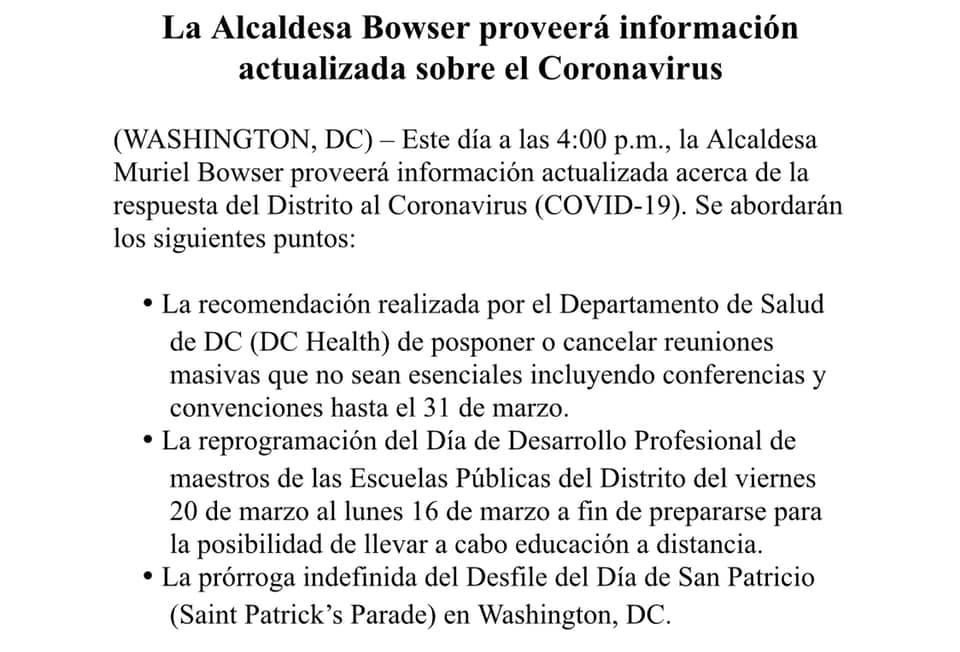 OLADCGov's tweet photo. Acompañemos a @MayorBowser hoy a las 4 quien nos estará informando sobre la respuesta de #DC al coronavirus.
Puede ver la sesión informativa a través de:
1⃣Twitter (@MayorBowser)
2⃣Facebook (https://t.co/lBv740bQjB…)
3⃣O transmisión con subtítulos, visita https://t.co/Vo4p5jpDKy https://t.co/womFcn0kep