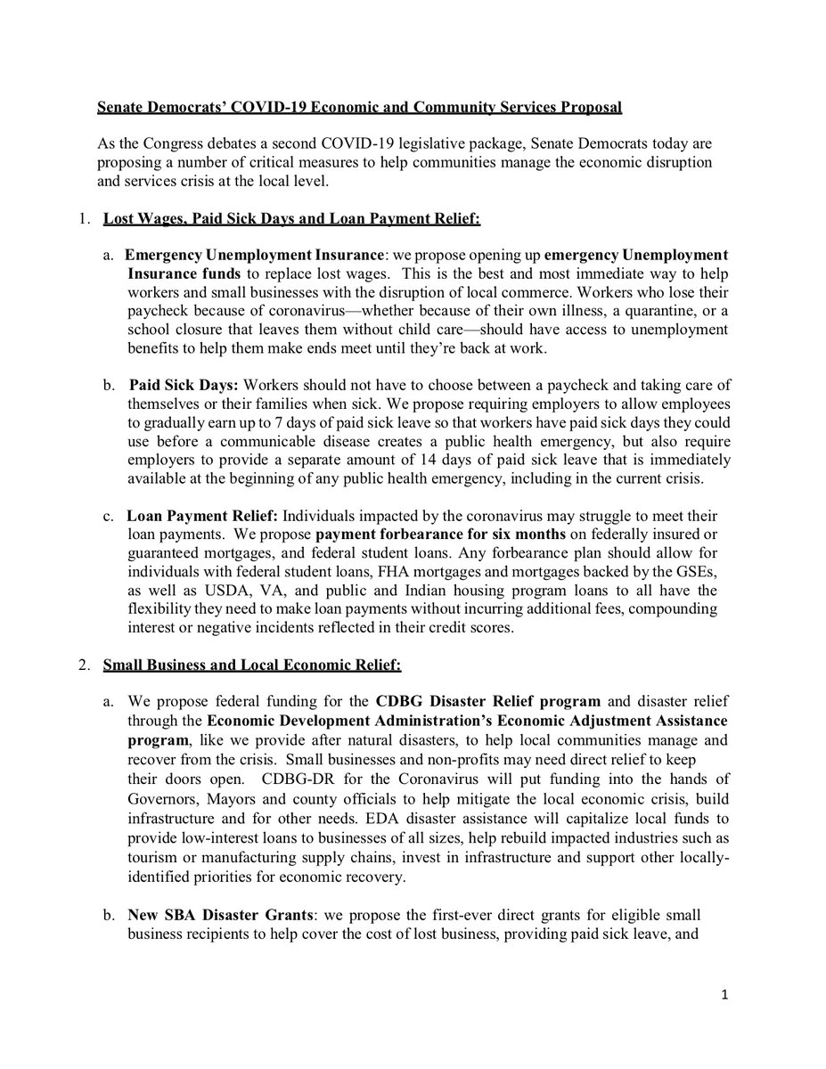 Page 1: Senate Democratic Leaders announced a new targeted economic and community relief proposal to help communities and individuals deal with the impacts of the coronavirus outbreak.
