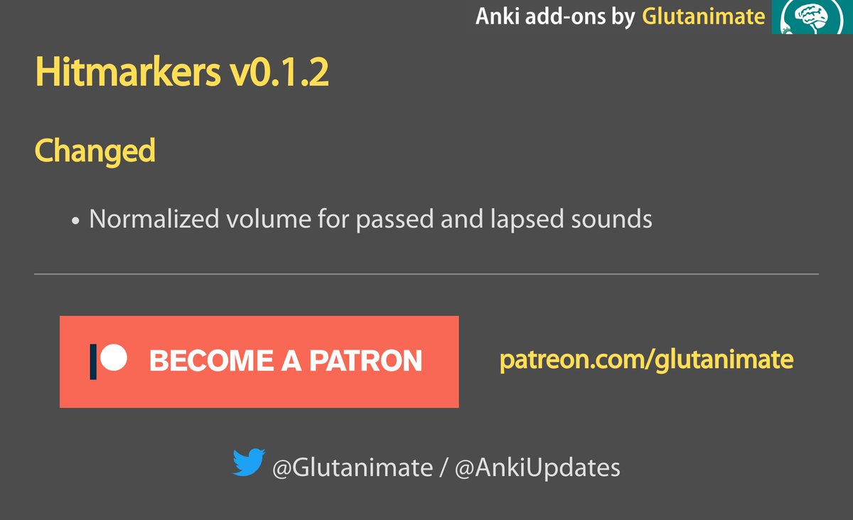 Hitmarkers v0.1.2 is now available on AnkiWeb!: ankiweb.net/shared/info/17…

Let me know what you think via <a href="/glutanimate/">Glutanimate</a>
Support my work: patreon.com/glutanimate

#AnkiAddons #AnkiSRS #Anki #SpacedRepetition