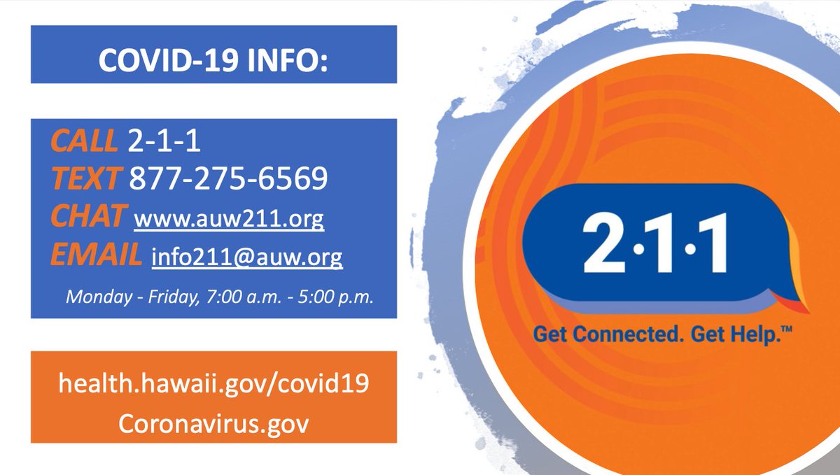 If you would like to know more information about COVID-19, visit health.hawaii.gov/covid19 or coronavirus.gov. If you have a concern about COVID-19, please call Aloha United Way 2-1-1.
